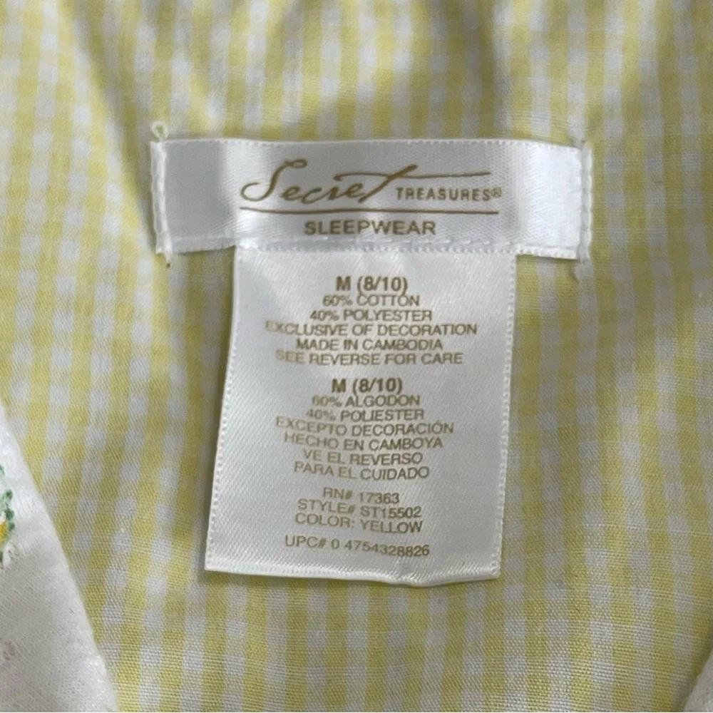 Secret Treasures Yellow and White Gingham Pajama Set With Flowers Size M - Picture 10 of 10